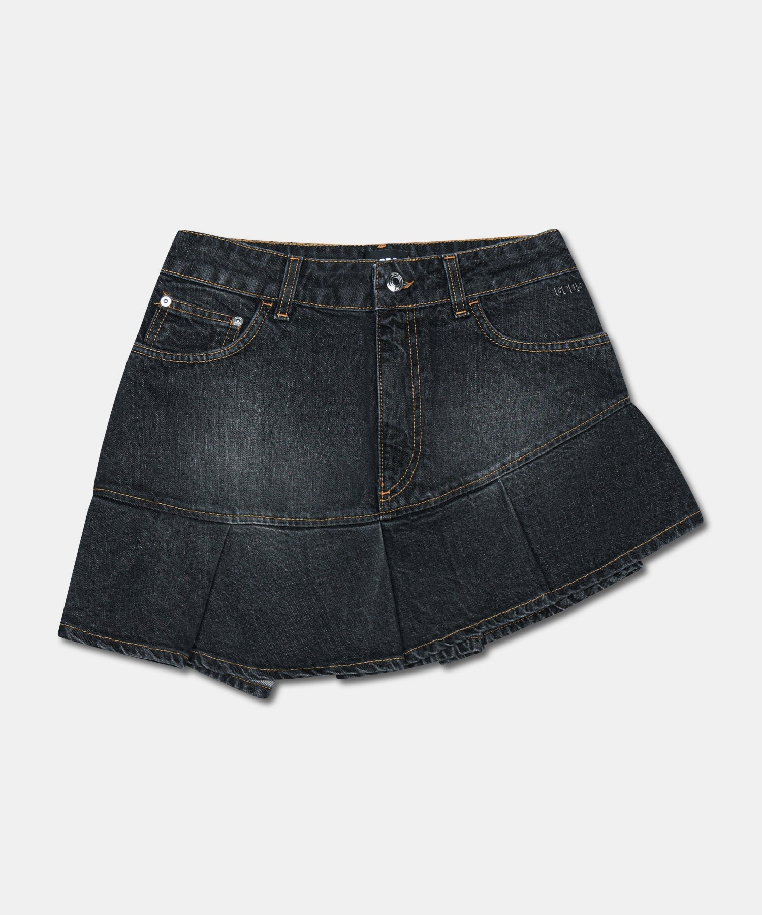 PLEATED STONE WASHED DENIM MINI SKIRT