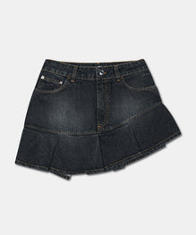PLEATED STONE WASHED DENIM MINI SKIRT