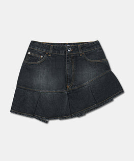 PLEATED STONE WASHED DENIM MINI SKIRT