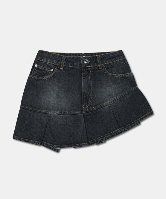 PLEATED STONE WASHED DENIM MINI SKIRT