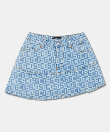 PLEATED MONOGRAM DENIM MINI SKIRT
