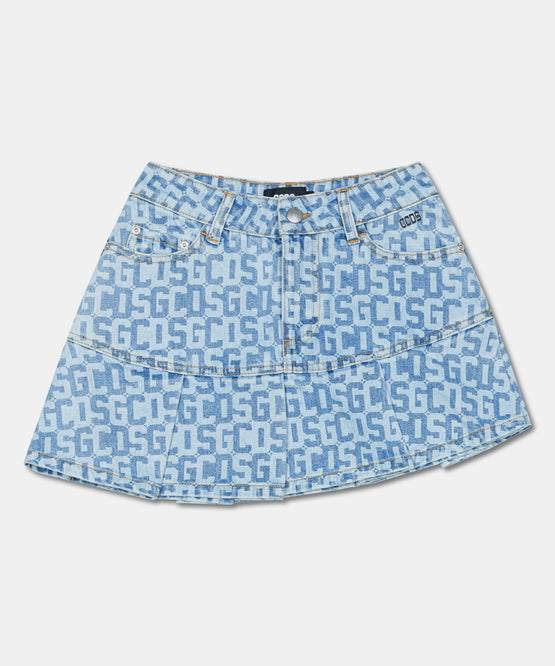 PLEATED MONOGRAM DENIM MINI SKIRT