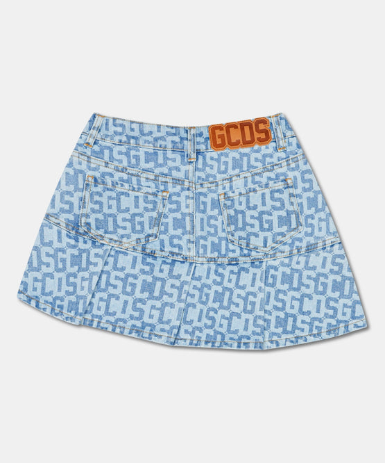 PLEATED MONOGRAM DENIM MINI SKIRT
